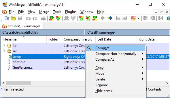 Folder Compare window, comparing unique folder